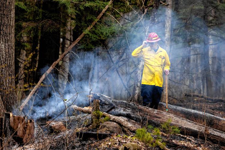 Concord Fire Captain Mick Costello shields his eyes from the smoke on a burning tree that they needed to cut down before it fell from a four acre brush fire near the railroad tracks off of Sewalls Falls Road in Concord on Wednesday, April 24, 2024.