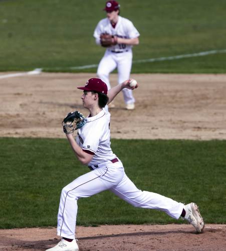 Concord pitcher Noah Chrabolowski on Monday, April 15, 2024. Concord lost in extra innings, 15-10.