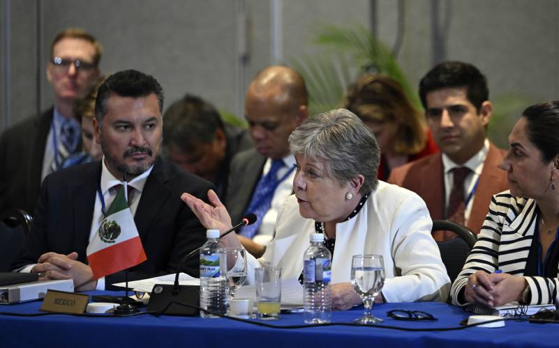 Mexico's Foreign Minister Alicia Barcena speaks speaks during a meeting on Haiti at the Conference of Heads of Government of the Caribbean Community (CARICOM) in Kingston, Jamaica, on Monday, March 11, 2024. (Andrew Caballero-Reynolds, Pool via AP)