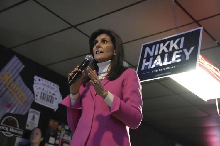 GOP presidential hopeful Nikki Haley speaks to supporters gathered for one of her final stops ahead of Iowa's Republican caucus on Monday, Jan. 15, 2024, in Newton, Iowa. (AP Photo/Meg Kinnard)